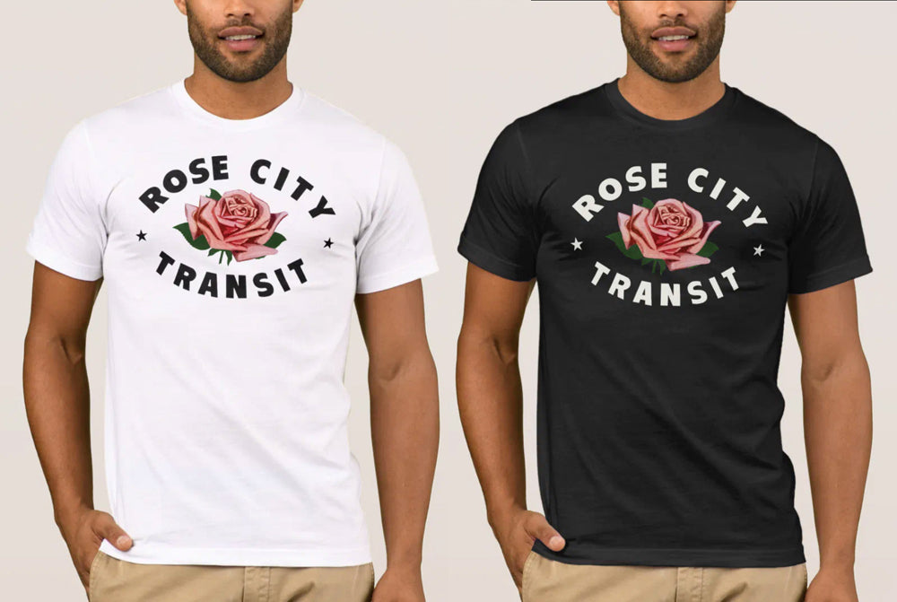 TriMet Rose City Transit floral logo - black and white shirt comparison