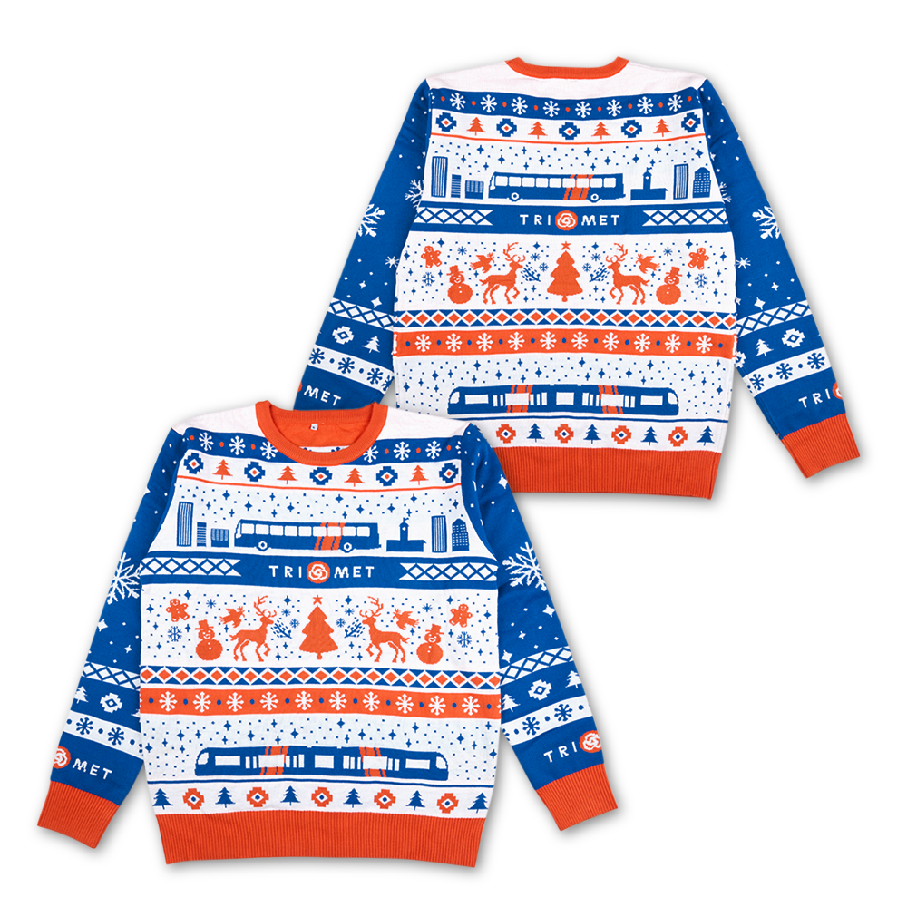 Front and back of TriMet Ugly Sweater