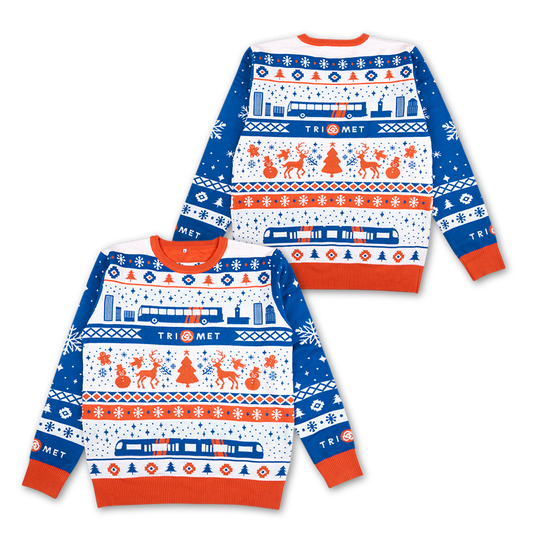 Front and back of TriMet Ugly Sweater